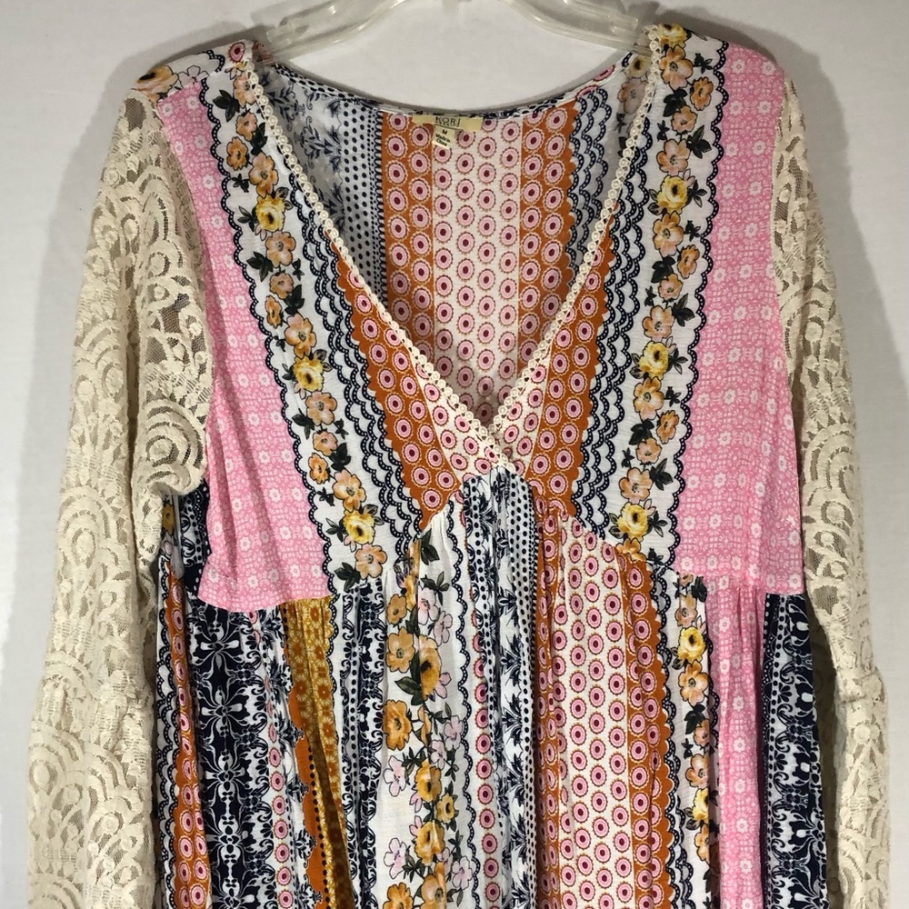 Kori America Dress Size Medium V-Neck Lace Nell Sleeve  Multicolor Patched = S